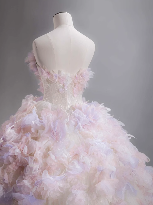 A-Line Tulle Sequin Long Prom Dress, Strapless Pink And Purple Three-Dimensional Flower Wedding Dress ED01316