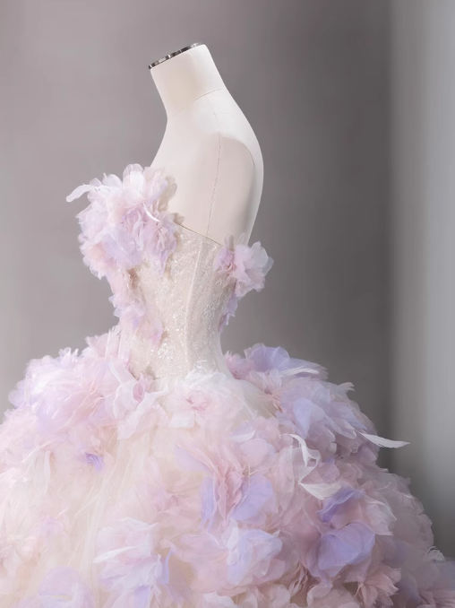 A-Line Tulle Sequin Long Prom Dress, Strapless Pink And Purple Three-Dimensional Flower Wedding Dress ED01316