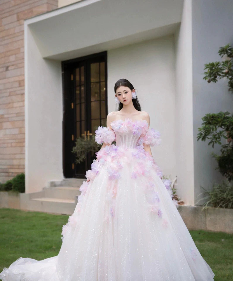 A-Line Tulle Sequin Long Prom Dress, Strapless Pink And Purple Three-Dimensional Flower Wedding Dress ED01316