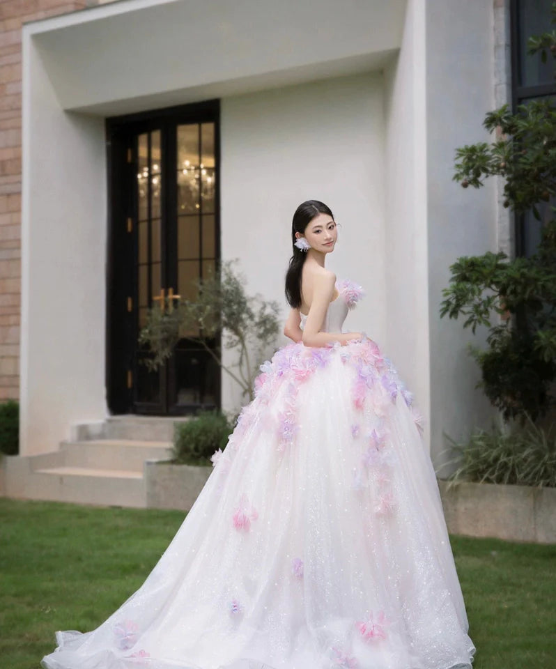 A-Line Tulle Sequin Long Prom Dress, Strapless Pink And Purple Three-Dimensional Flower Wedding Dress ED01316