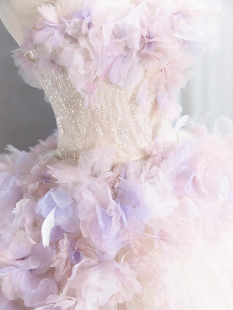 A-Line Tulle Sequin Long Prom Dress, Strapless Pink And Purple Three-Dimensional Flower Wedding Dress ED01316