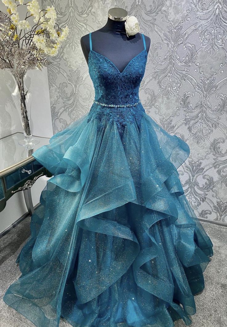 Blue A-line V-neck Tulle Sequins Long Prom Dress, Spaghetti Strap Evening Dress ED01329