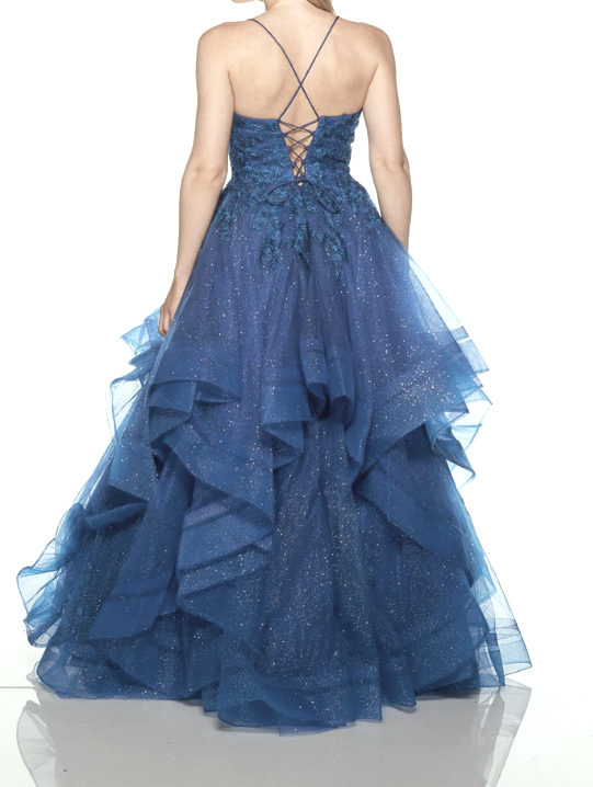 Blue A-line V-neck Tulle Sequins Long Prom Dress, Spaghetti Strap Evening Dress ED01329