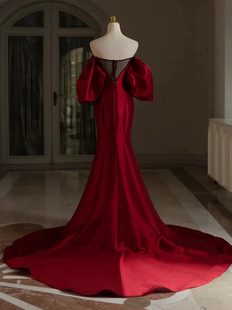 Burgundy Mermaid Puff Sleeves Satin Burgundy Long Prom Dress, Burgundy Long Formal Dress ED01332