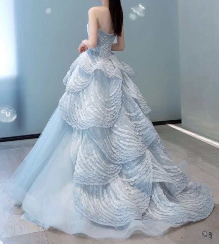 Ice Blue A-line Strapless Tulle Long Prom Dress, Ice Blue Evening Gown ED01335