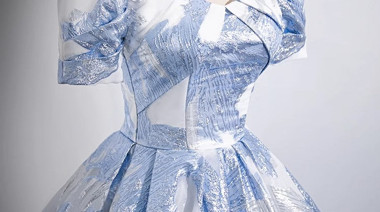 Blue A-line U-neck Floral Satin Long Prom dress, Elegant Formal Evening Gown ED01348