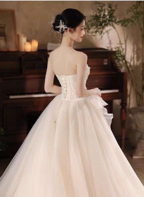 Light Champagne A-Line Strapless Tulle Wedding Dress,Gentle Beaded Long Prom Dress ED01352