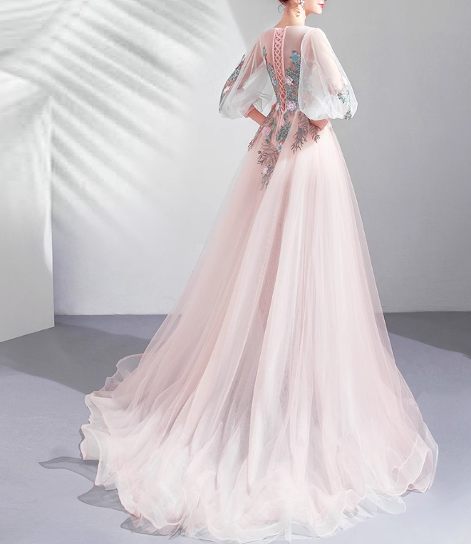 Light Pink A-line Long-Sleeved Tulle Embroidered Wedding Dress, Gentle Long Prom Dress ED01353