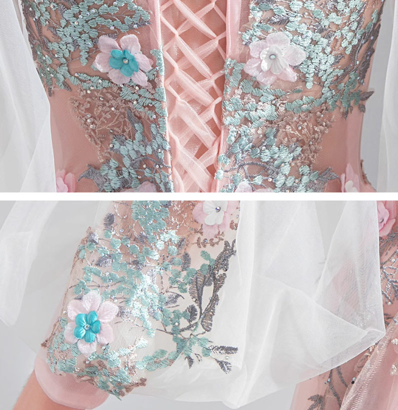 Light Pink A-line Long-Sleeved Tulle Embroidered Wedding Dress, Gentle Long Prom Dress ED01353