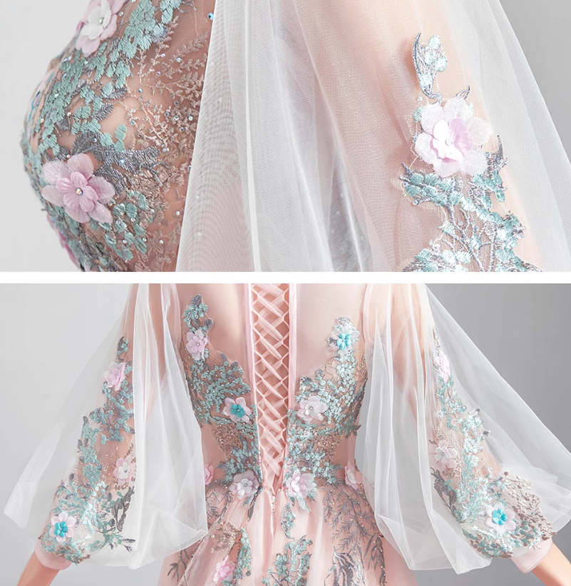 Light Pink A-line Long-Sleeved Tulle Embroidered Wedding Dress, Gentle Long Prom Dress ED01353