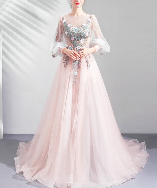 Light Pink A-line Long-Sleeved Tulle Embroidered Wedding Dress, Gentle Long Prom Dress ED01353