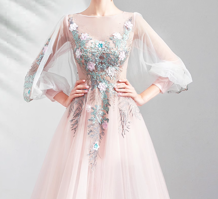 Light Pink A-line Long-Sleeved Tulle Embroidered Wedding Dress, Gentle Long Prom Dress ED01353