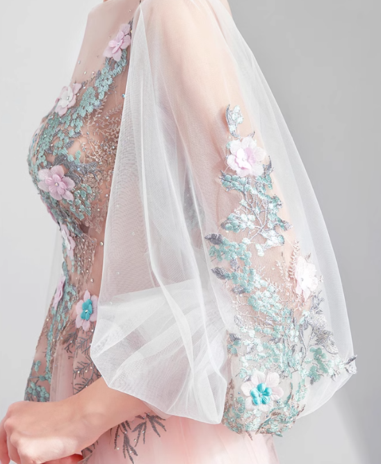 Light Pink A-line Long-Sleeved Tulle Embroidered Wedding Dress, Gentle Long Prom Dress ED01353