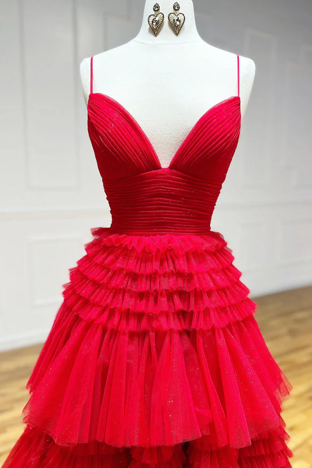 Red Tulle Deep V Neck Spaghetti Straps Long Prom Dress  ED01360