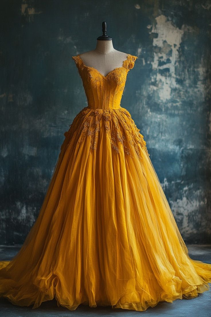 Marigold Vintage A-line Sweetheart Neck Long Ball Dress Applique Vintage Evening Dress ED01361