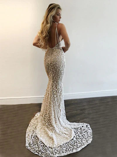 Off-white Gorgeous V-Neck Prom Party Gowns Lace Mermaid Evening Gowns ED01363