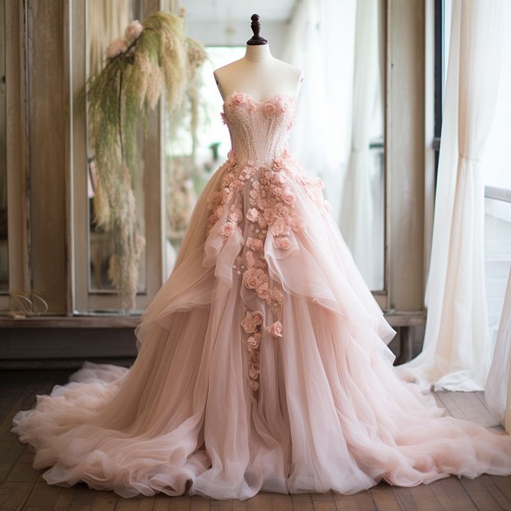 Pink Vintage A-line Sweetheart Lace Tulle Long Evening Gown Applique Wedding Dress ED01364