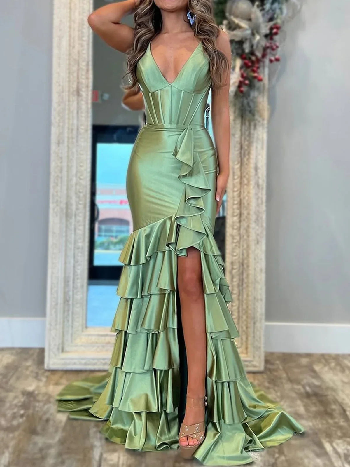 Mermaid Sage V Neck Satin Long Prom Dress With Ruffle Skirt ED01367