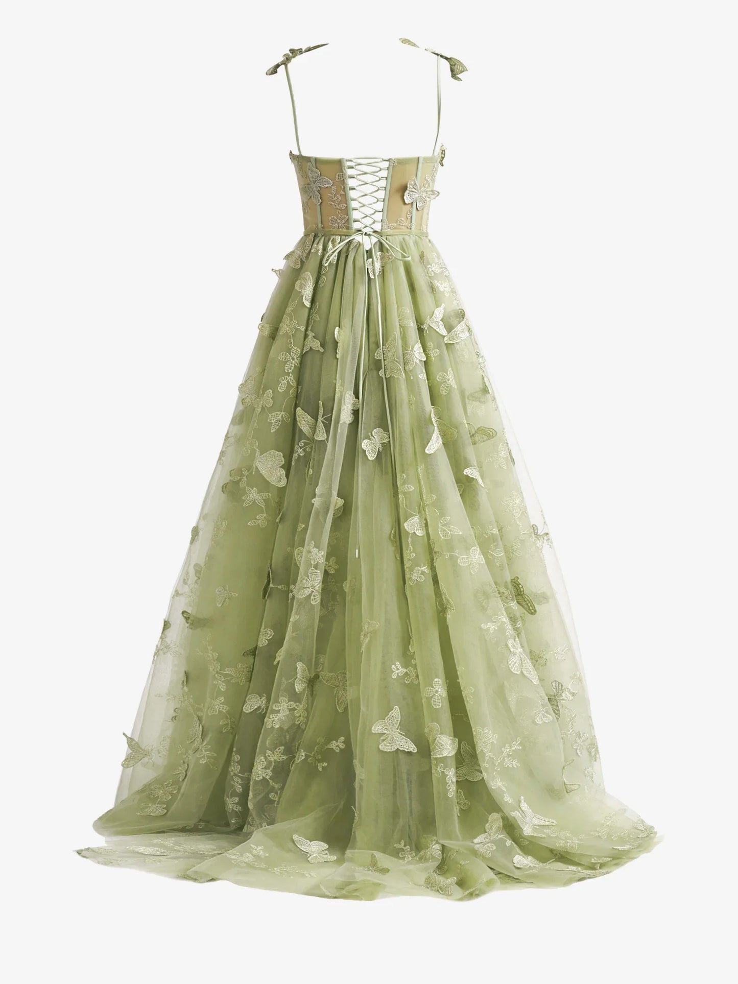 Green A-line Butterfly Lace Corset Prom Dress with Slit ED01376