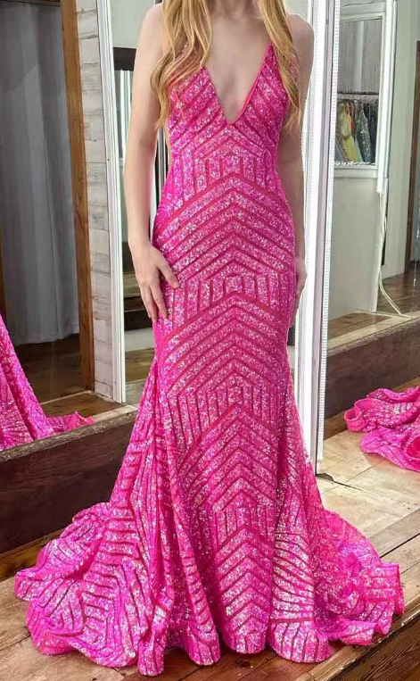 Deep V Neck Pink Sequins Mermaid Long Prom Dress ED01377