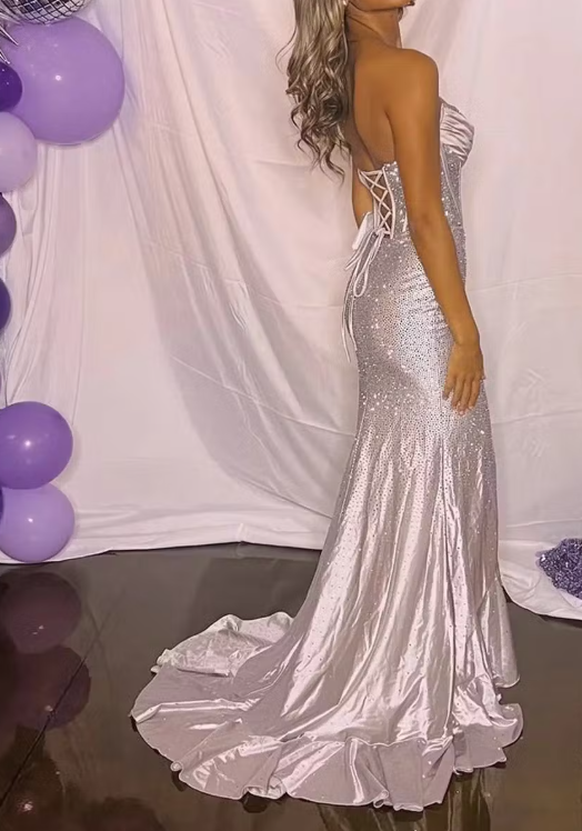 Mermaid Silver Strapless Beaded Long Prom Dress with Slit ED01384