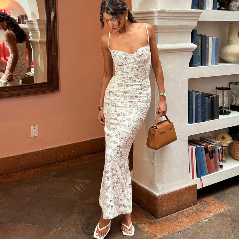 White Sweetheart Mermaid Lace Spaghetti Strap Long Prom Dress, Party Dress ED01385