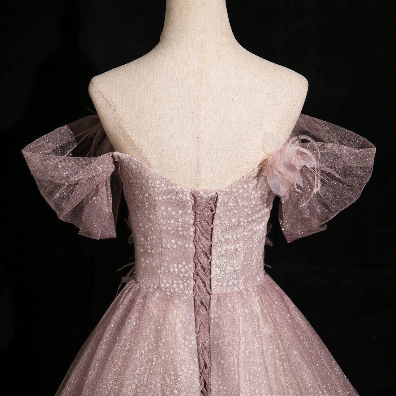Pink Tulle Sequins Off the Shoulder Butterfly Flower Prom Dress ED01396