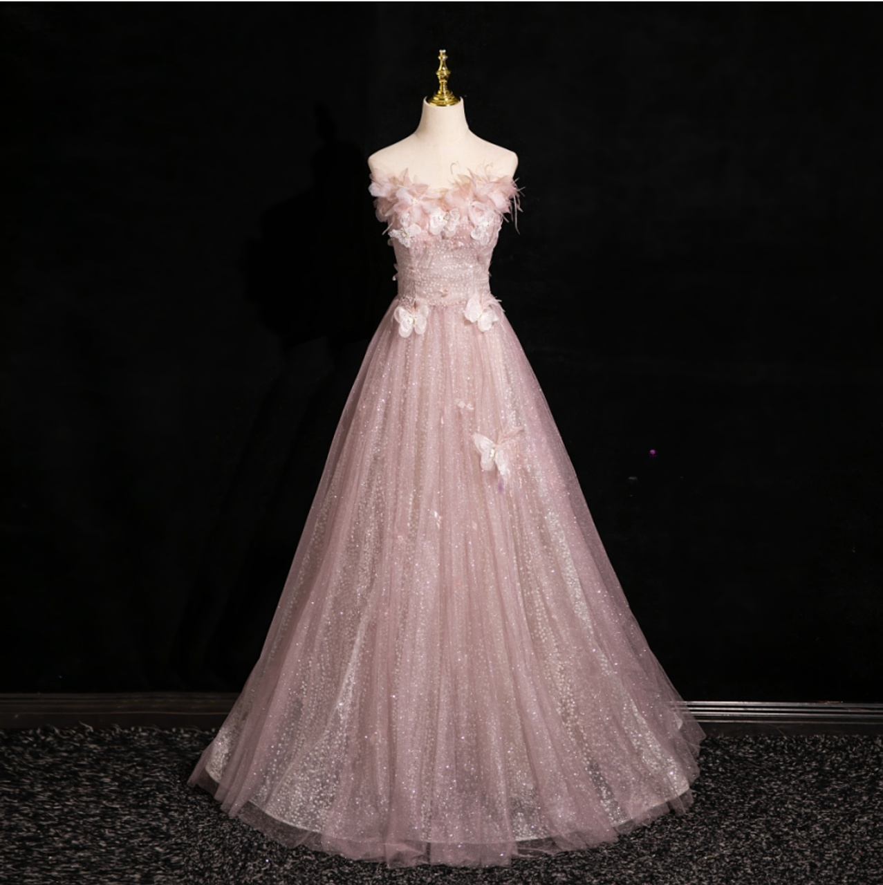 Pink Tulle Sequins Off the Shoulder Butterfly Flower Prom Dress ED01396