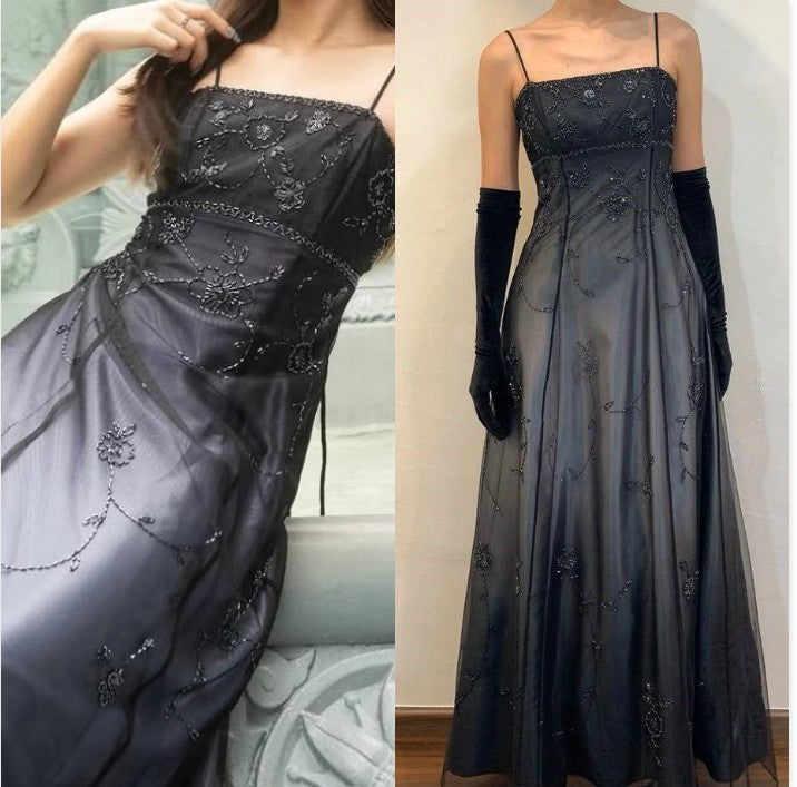Vintage Blue Gradient Empire Prom Dresses Backless Romantic Beaded Evening Dresses ED01406