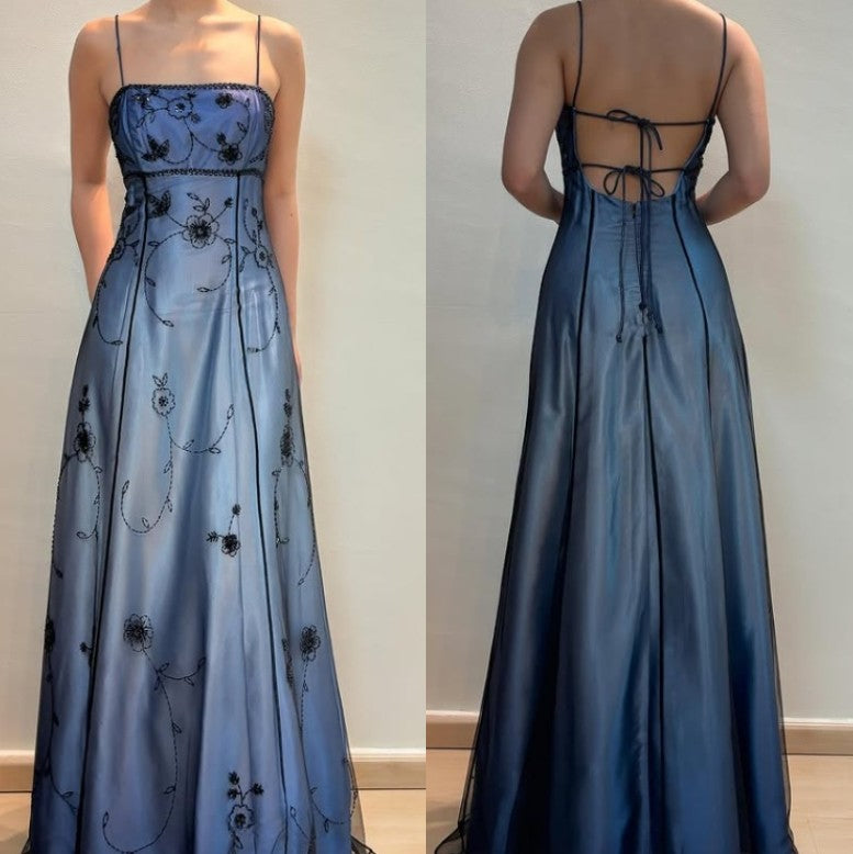 Vintage Blue Gradient Empire Prom Dresses Backless Romantic Beaded Evening Dresses ED01406