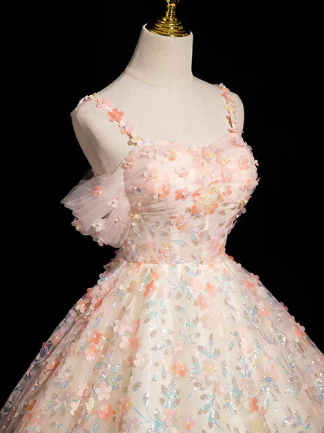 Pink A-line Spaghetti Straps Lace Tulle Flowers Sweetheart Long Prom Dress, Pink Off Shoulder Sweet 16 Dress ED01414