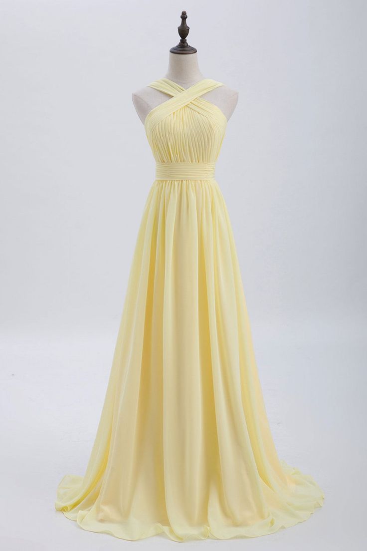 Cross Front Pale Yellow Pleated Chiffon Long Bridesmaid Dress Long Prom Dress ED01417