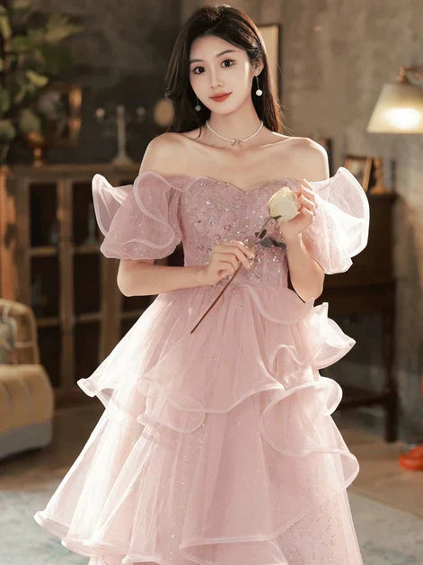 Pink A-line Off Shoulder Tulle Sequins Long Prom Dress, Pink Sweet 16 Dress ED01419