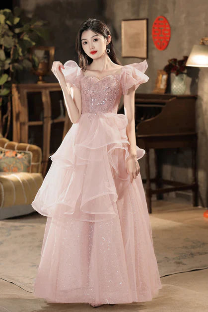 Pink A-line Off Shoulder Tulle Sequins Long Prom Dress, Pink Sweet 16 Dress ED01419