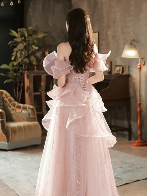 Pink A-line Off Shoulder Tulle Sequins Long Prom Dress, Pink Sweet 16 Dress ED01419