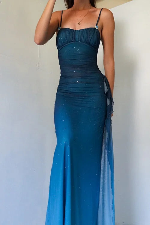 Unique💎 Gradient Blue Mermaid Gown for Party&Quinceanera- Spaghetti Straps Glitter Chiffon Long Prom&Evening Dress ED01424