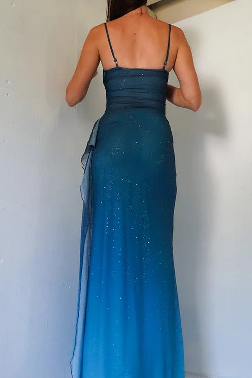 Unique💎 Gradient Blue Mermaid Gown for Party&Quinceanera- Spaghetti Straps Glitter Chiffon Long Prom&Evening Dress ED01424