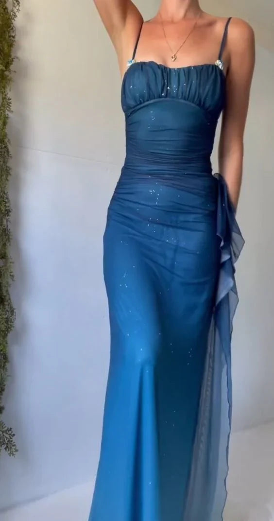 Unique💎 Gradient Blue Mermaid Gown for Party&Quinceanera- Spaghetti Straps Glitter Chiffon Long Prom&Evening Dress ED01424