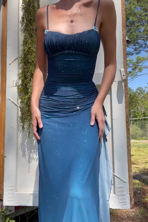 Unique💎 Gradient Blue Mermaid Gown for Party&Quinceanera- Spaghetti Straps Glitter Chiffon Long Prom&Evening Dress ED01424