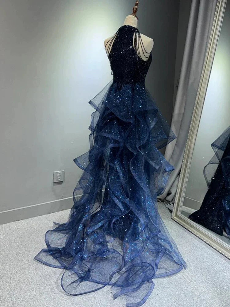 Elegant A-Line Navy Blue Halter Sparkly Sequins Long Prom Dresses Formal Evening Dresses ED01427