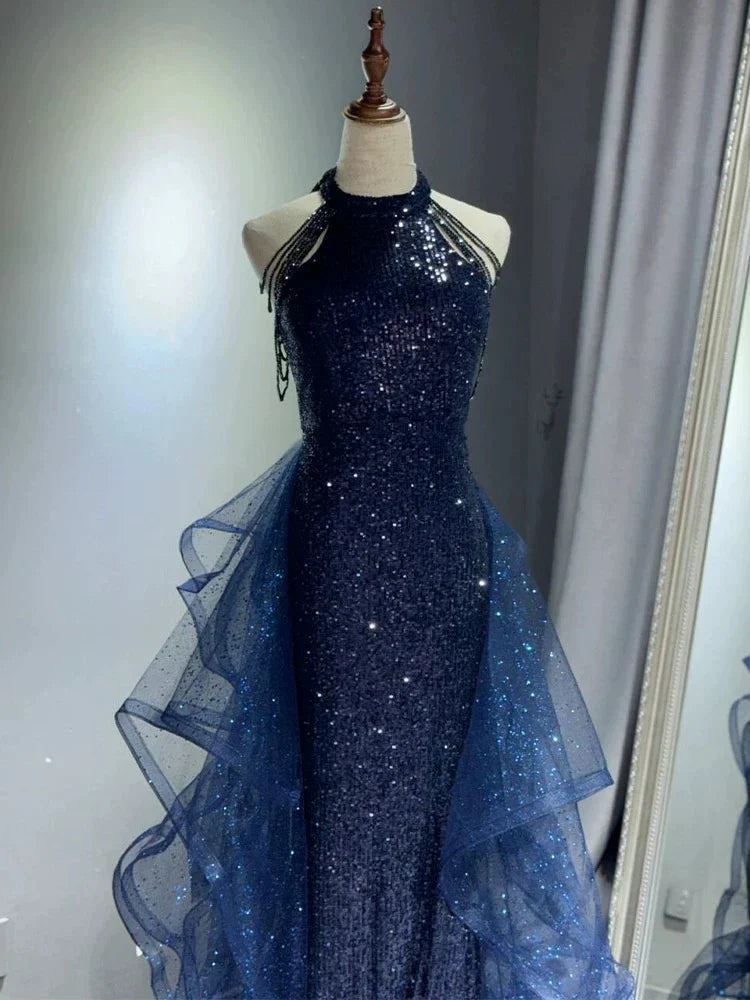 Elegant A-Line Navy Blue Halter Sparkly Sequins Long Prom Dresses Formal Evening Dresses ED01427