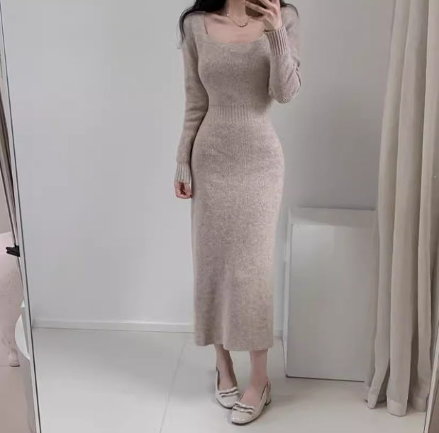 French style slim fit gentle temperament square collar can be worn with knitted hip skirt ED0142