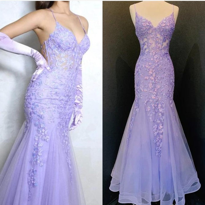 Tiffany Blue Spaghetti Straps Lace Appliques Mermaid V-Neck Tulle Long Prom Dress ED01438