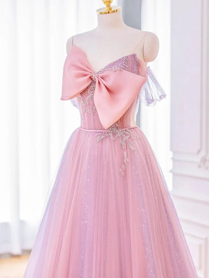 Lovely A-line Pink Tulle Long Prom Dress with Bow, Pink Formal Dresses ED01441