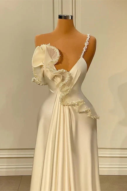 Fabulous A-line One Shoulder White Satin Evening Prom Dress with Ruffles ED01442