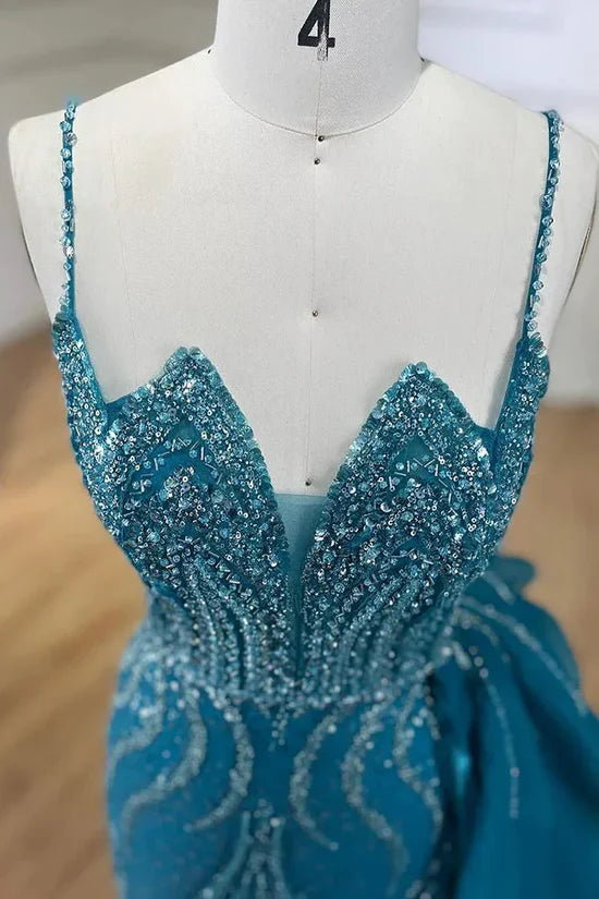 Sky Blue Elegant Mermaid Spaghetti Strap Tulle Beading Long Prom Dress ED01448