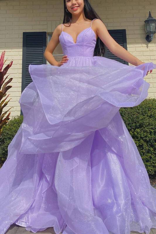 Purple Elegant A-line V-neck Spaghetti Strap Tulle Long Prom Dress ED01450