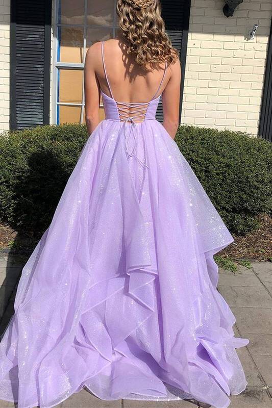 Purple Elegant A-line V-neck Spaghetti Strap Tulle Long Prom Dress ED01450
