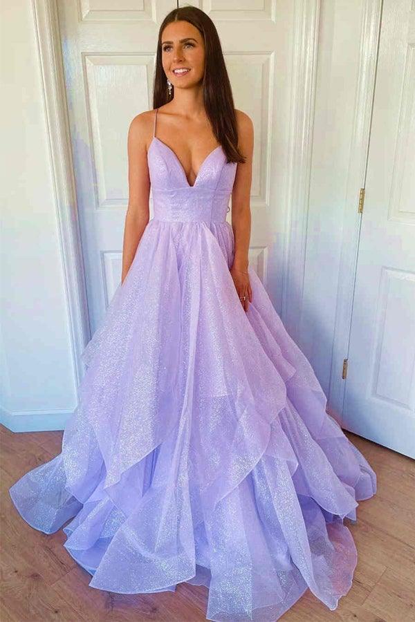Purple Elegant A-line V-neck Spaghetti Strap Tulle Long Prom Dress ED01450