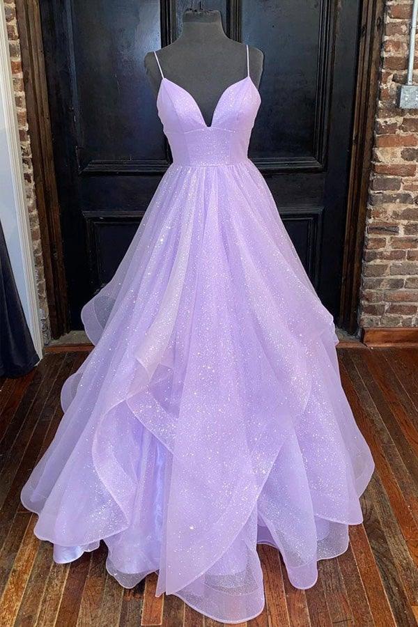 Purple Elegant A-line V-neck Spaghetti Strap Tulle Long Prom Dress ED01450